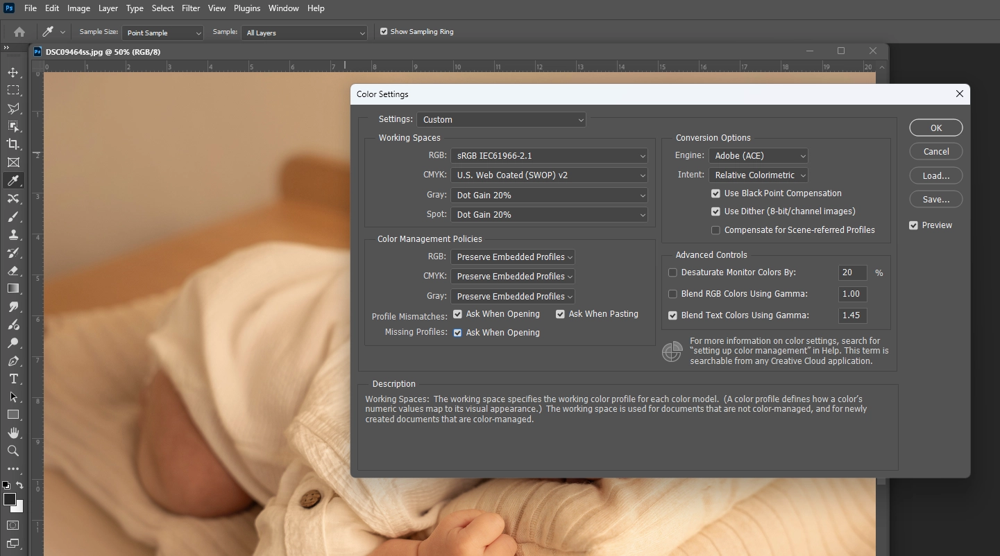 پنجره تنظیمات رنگ Color Settings در فتوشاپ برای کالیبراسیون و چاپ عکس