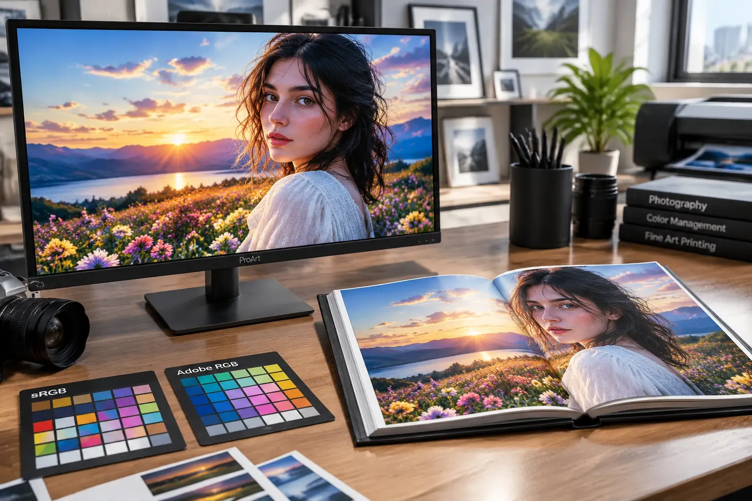 تطابق رنگ دقیق مانیتور کالیبره شده با آلبوم چاپ لابراتوار در فضاهای رنگی sRGB و Adobe RGB